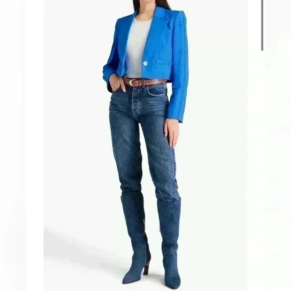 Veronica Beard Behren Blue Cropped Woven Braided Blazer Jacket 14 Shoulder Pads - Picture 4 of 15